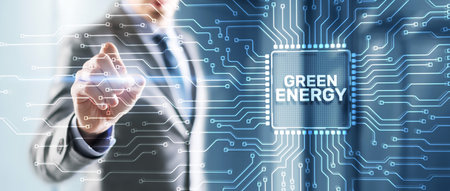 Tapping on the inscription Green Energy saving conceptの写真素材