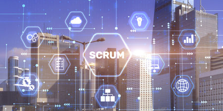 Scrum process software development outline concept. City backgroundの写真素材