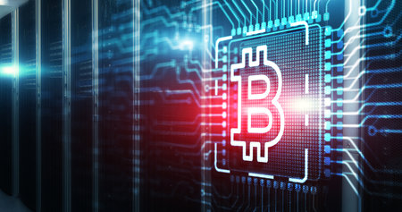 Bitcoin Cryptocurrency concept. Mining factory. 3d Electronic Circuit Board Chipの写真素材