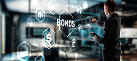 Businessman clicks inscription bonds. Bond Finance Banking Technology conceptの写真素材