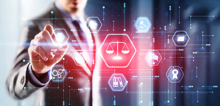 Justice and law concept. Icon Law on virtual screen. Blurred backgroundの写真素材