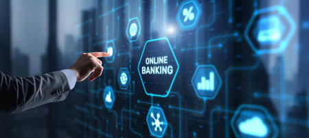 Banking Online Internet Payment Technology. Businessman presses a button Bankingの写真素材