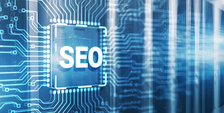 Inscription SEO on 3d Electronic Circuit Board Chip CPUの写真素材