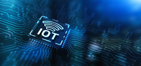 Internet of Things IOT concept. Electric circuits graphic background with Infographicの写真素材