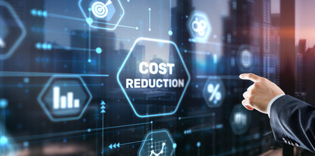 Cost reduction business finance concept. Businessman clicks virtual screenの写真素材