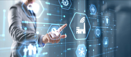 Businessman presses a button Smart home Automation Control Systemの写真素材