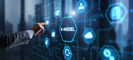 Businessman clicks V-Model, VEE. Information systems development modelの写真素材