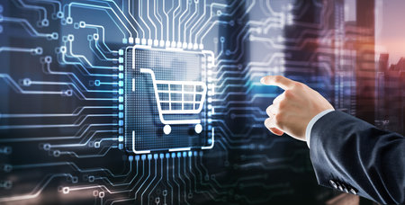 Businessman touching e-commerce button on a virtual interface. Cart online shoppingの写真素材