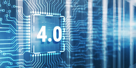 Smart industry 4.0. Inscription on 3d Electronic Circuit Board Chipの写真素材