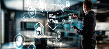 Real estate investment. Businessman pressing on virtual screensの写真素材