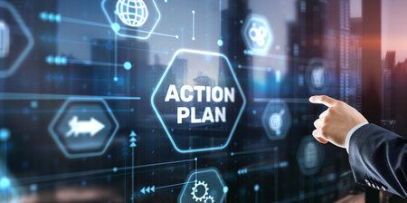 Businessman clicks action plan. Algorithm and strategy development businessの写真素材