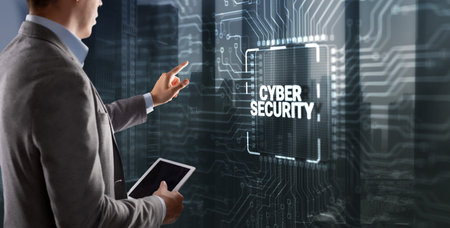 Businessman clicking on virtual screen Cyber Security Data Protection Business Privacy conceptの写真素材