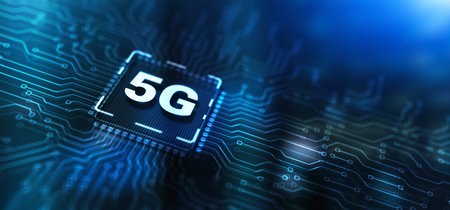 Digital 5G and Internet Telecommunication concept on circuit boardの写真素材