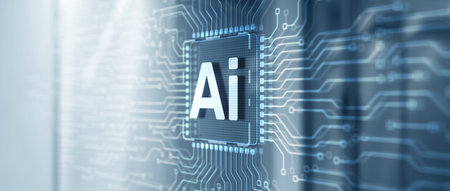 Artificial intelligence chip. Ai chipset on circuit board. Data center backgroundの写真素材