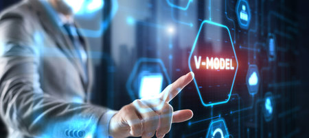 Businessman clicks V-Model, VEE. Information systems development modelの写真素材