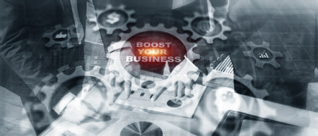 Boost your business on Virtual screen Gears. Business Technology Internet and network conceptの写真素材