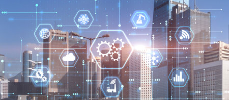 Gear icons on modern city background. Business concept for software technology automation systemの写真素材