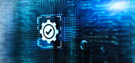 Quality Control Business Technology Concept on 3d Electronic Circuit Board Chipの写真素材
