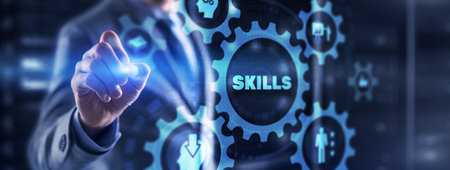 Businessman click on skills on virtual screen. Mixed Mediaの写真素材