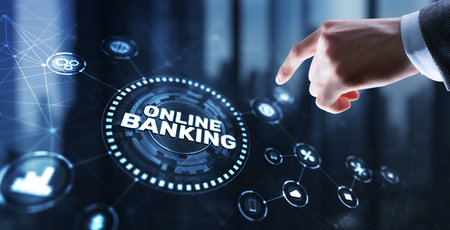 Banking Online Internet Payment Technology. Businessman presses a button Bankingの写真素材