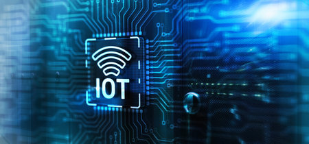 Internet of Things IOT concept. Electric circuits graphic backgroundの写真素材