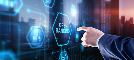 Businessman is touching hologram open banking. Technology Finance conceptの写真素材