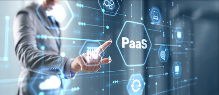 Hand pressing button on interface PaaS, Platform as a Service. Internet and networking conceptの写真素材