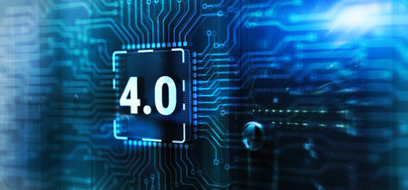 Smart industry 4.0. Inscription on 3d Electronic Circuit Board Chipの写真素材