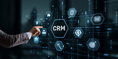 CRM Customer Relationship Management. Businessman clicks. Business Internet Technology Conceptの写真素材