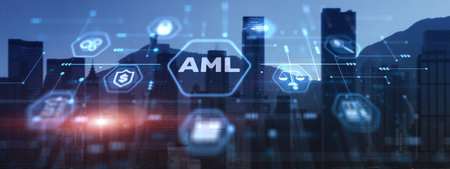 AML Anti Money Laundering Financial Bank Business Technology Concept on modern city backgroundの写真素材