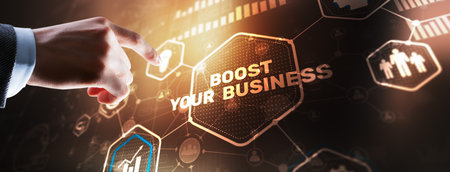 Boost Your Business 2024. Businessman touching finger virtual screenの写真素材