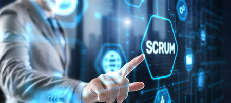 Businessman presses a button Scrum process software development outline conceptの写真素材