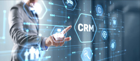CRM Customer Relationship Management. Businessman clicks. Business Internet Technology Conceptの写真素材