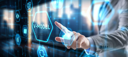 Businessman clicks V-Model, VEE. Information systems development modelの写真素材
