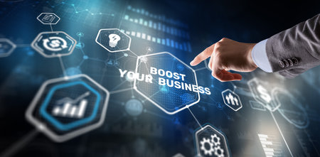 Boost Your Business 2024. Businessman touching finger virtual screenの写真素材