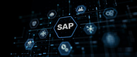SAP - Business process automation software and management software. Icon on virtual screenの写真素材