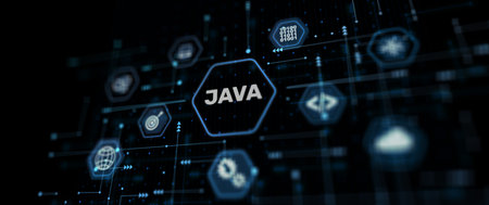 Java programming language application concept on virtual screenの写真素材