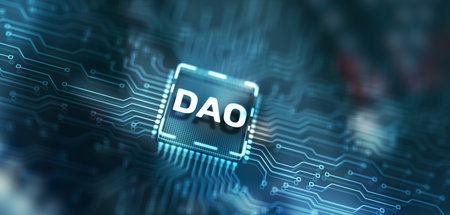 DAO. Decentralized Autonomous Organization. Crowdfunding project against the backdrop of a mining farmの写真素材