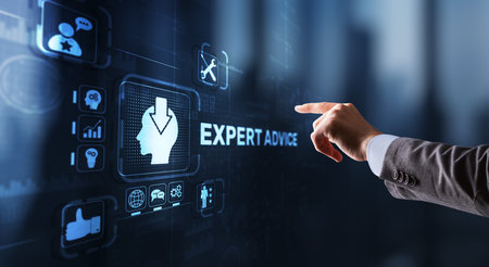 Expert advice. Businessman hand touching inscription on virtual screenの写真素材