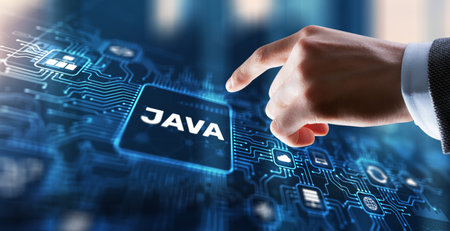 Businessman clicks Java programming language application concept on virtual screenの写真素材