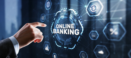 Banking Online Internet Payment Technology. Businessman presses a button Bankingの写真素材