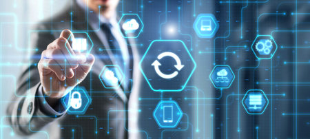 Businessman touching icon Update software application. Hardware upgrade technology conceptの写真素材
