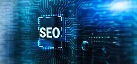 Inscription SEO on 3d Electronic Circuit Board Chip CPUの写真素材