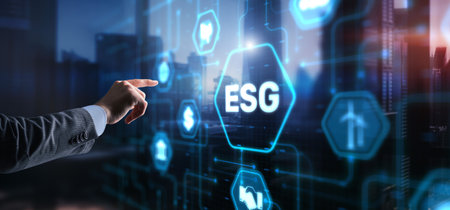 Businessman clicks ESG Environmental Social Governance sustainable development and investmentの写真素材