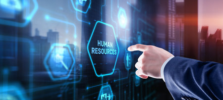 Human Resources HR management Recruitment Concept. Businessman clicks iconの写真素材