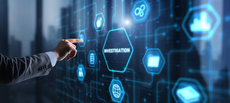 Investigation Business concept. Man presses investigations button on a virtual screenの写真素材