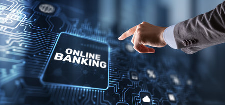 Banking Online Internet Payment Technology. Businessman presses a button Bankingの写真素材
