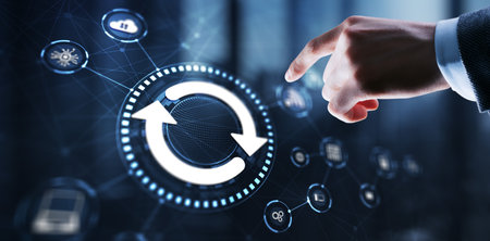 Businessman touching icon Update software application. Hardware upgrade technology conceptの写真素材