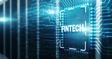 Fintech financial technology concept on 3d Electronic Circuit Board Chipの写真素材