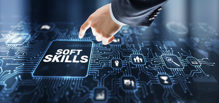 Businessman presses a button Soft Skill Business Development conceptの写真素材